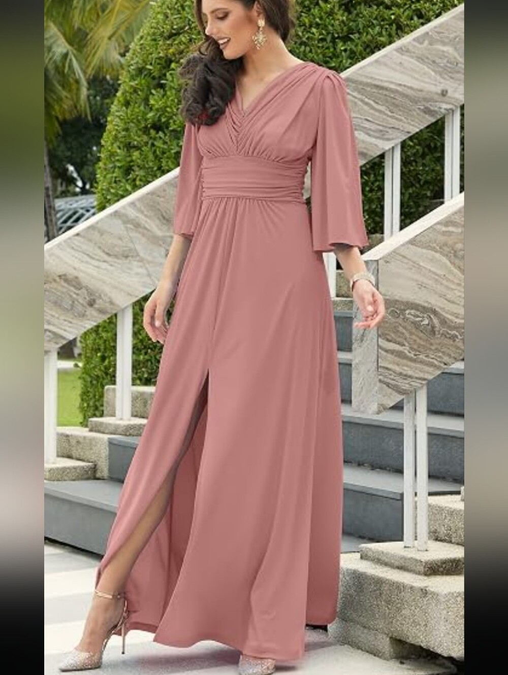 Elegant Ruched V-Neck Maxi Dress in Rose